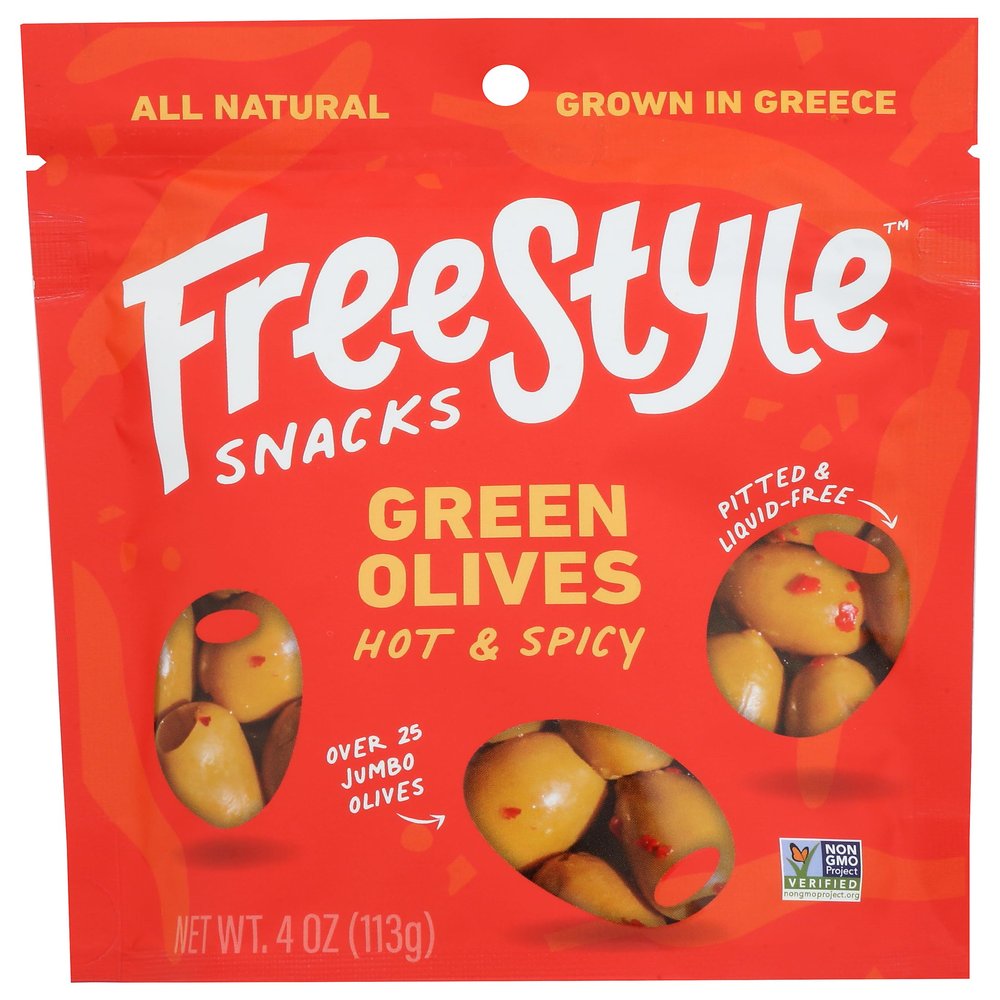 Freestyle Snacks, Olives Green Hot Spicy, 4 Ounce