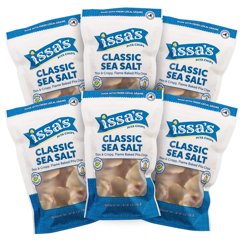 Issa's Pita Chips Lebanese Style Flame Baked Classic Sea Salt Pita Chips | Kosher, Vegan, Crispy and Thin Pita Chips with No Preservatives | 6 Packs of 6oz Individual Bags of Pita Crisps