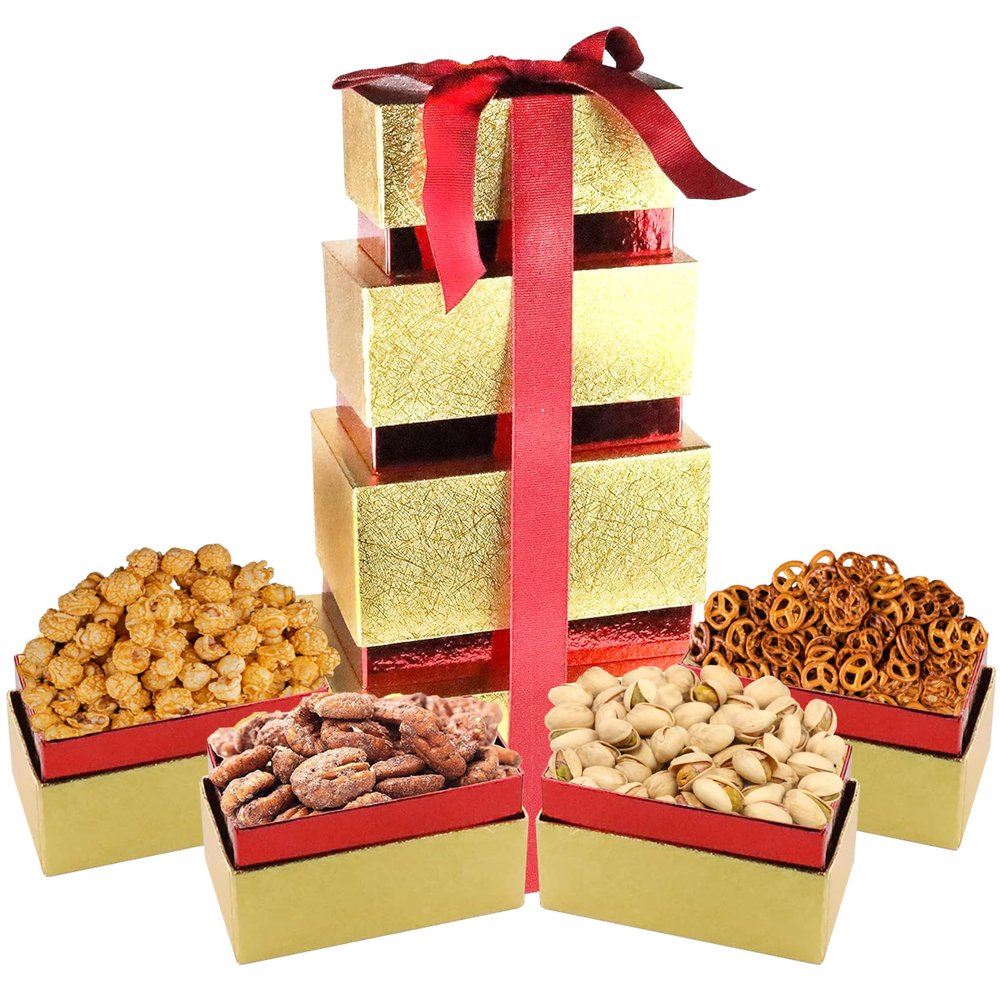 Anna and Sarah Christmas Tower Box, Caramel Popcorn, California Pistachio, Mini Pretzel, Cinnamon Pecan, Birthday Party, Gifts for Men, Fathers, Dad, Women, Friends