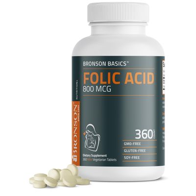 Bronson Folic Acid 800 MCG Supports Prenatal Development, Non-GMO, 360 Tablets