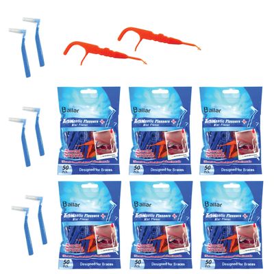 Braces Ortho Floss| 300 Count Bag| 50 Count Bag (Pack of 6) Bonus 6 Interdental Brush|