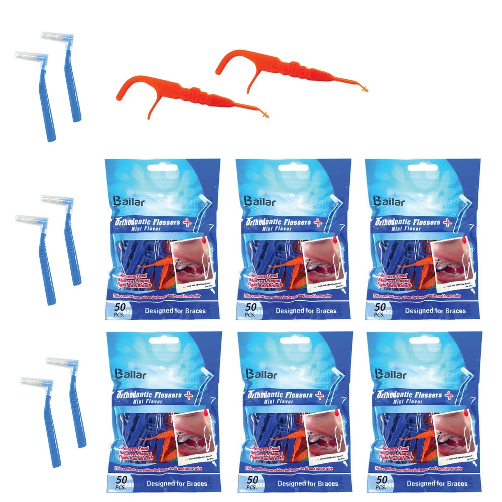 Braces Ortho Floss| 300 Count Bag| 50 Count Bag (Pack of 6) Bonus 6 Interdental Brush|