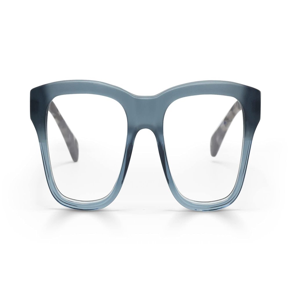eyebobs Kvetcher Unisex Premium Blue Light Readers, Transparent Grey Teal Front with Black Tokyo Temples2.00 Diopter