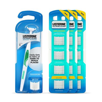REACH Ultraclean Access Flosser Starter Bundle | Proper & Durable Oral Care & Hygiene | Effective Plaque Removal, Teeth & Gum Protection, PFAS-Free | Starter Kit + 3pk Unflavored Refills (28ct.)
