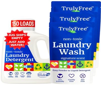 Truly Free Natural Laundry Detergent for Sensitive Skin | Eco Friendly, Plant Based, Baby Clothes Safe | Clean & Easy Powder to Liquid, 3 Pack Detergent + 1 Refillable Jug | Signature Scent 150 Loads