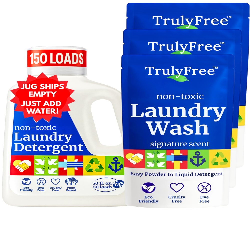Truly Free Natural Laundry Detergent for Sensitive Skin | Eco Friendly, Plant Based, Baby Clothes Safe | Clean & Easy Powder to Liquid, 3 Pack Detergent + 1 Refillable Jug | Signature Scent 150 Loads