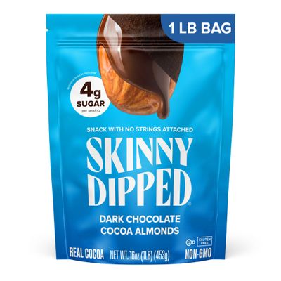 SkinnyDipped Dark Chocolate Cocoa Almonds, 1lb Bag, Healthy Snack, Plant Protein, Gluten Free, Pack of 1