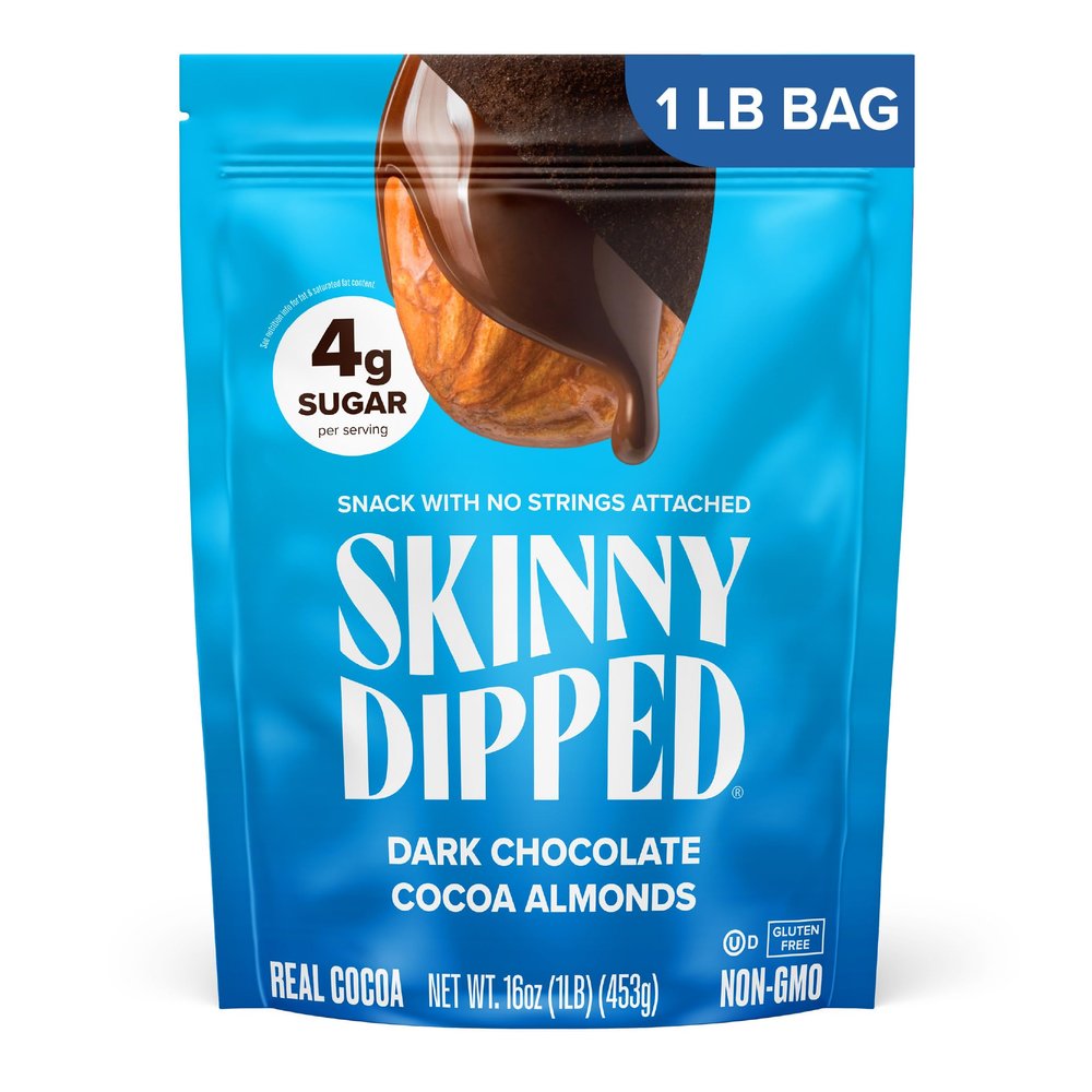 SkinnyDipped Dark Chocolate Cocoa Almonds, 1lb Bag, Healthy Snack, Plant Protein, Gluten Free, Pack of 1