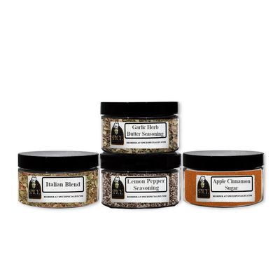 Butter Board Seasonings Assortment Gift Set - Contains: 4 Assorted Plastic Jars (1 each of: Apple Cinnamon Sugar, Garlic Herb, Italian Blend, and Lemon Pepper.)