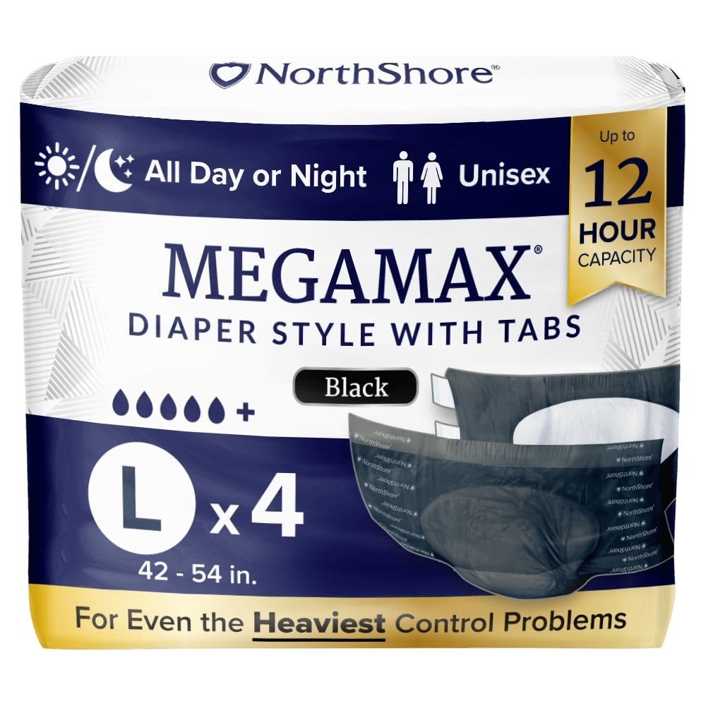 NorthShore MegaMax Adult Overnight Diapers, 12-Hour Tab-Style, Large, 4 Count Starter Pack, Black, 42-54 inches, Unisex Incontinence Underwear