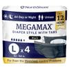 NorthShore MegaMax Adult Overnight Diapers, 12-Hour Tab-Style, Large, 4 Count Starter Pack, Black, 42-54 inches, Unisex Incontinence Underwear view 1