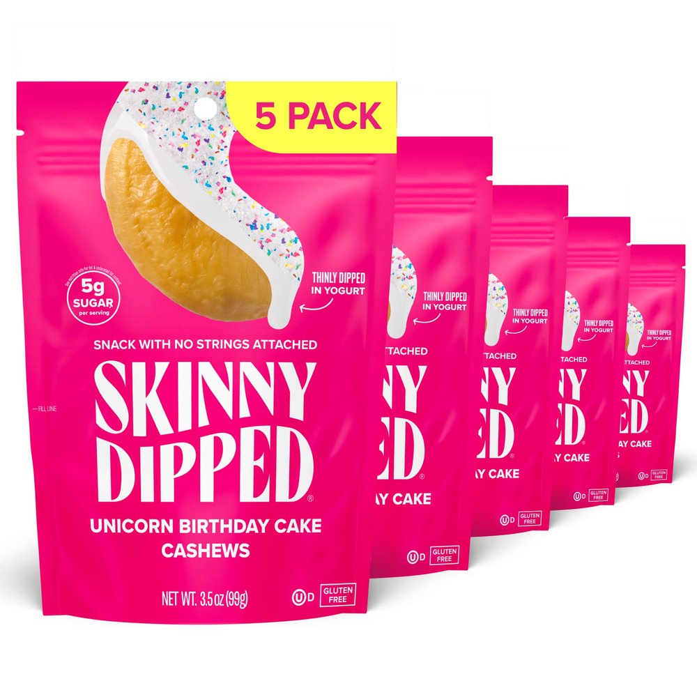 SkinnyDipped Birthday Cake Cashews, Healthy Snack, Plant Protein, Gluten Free, 3.5 oz Resealable Bags, Pack of 5