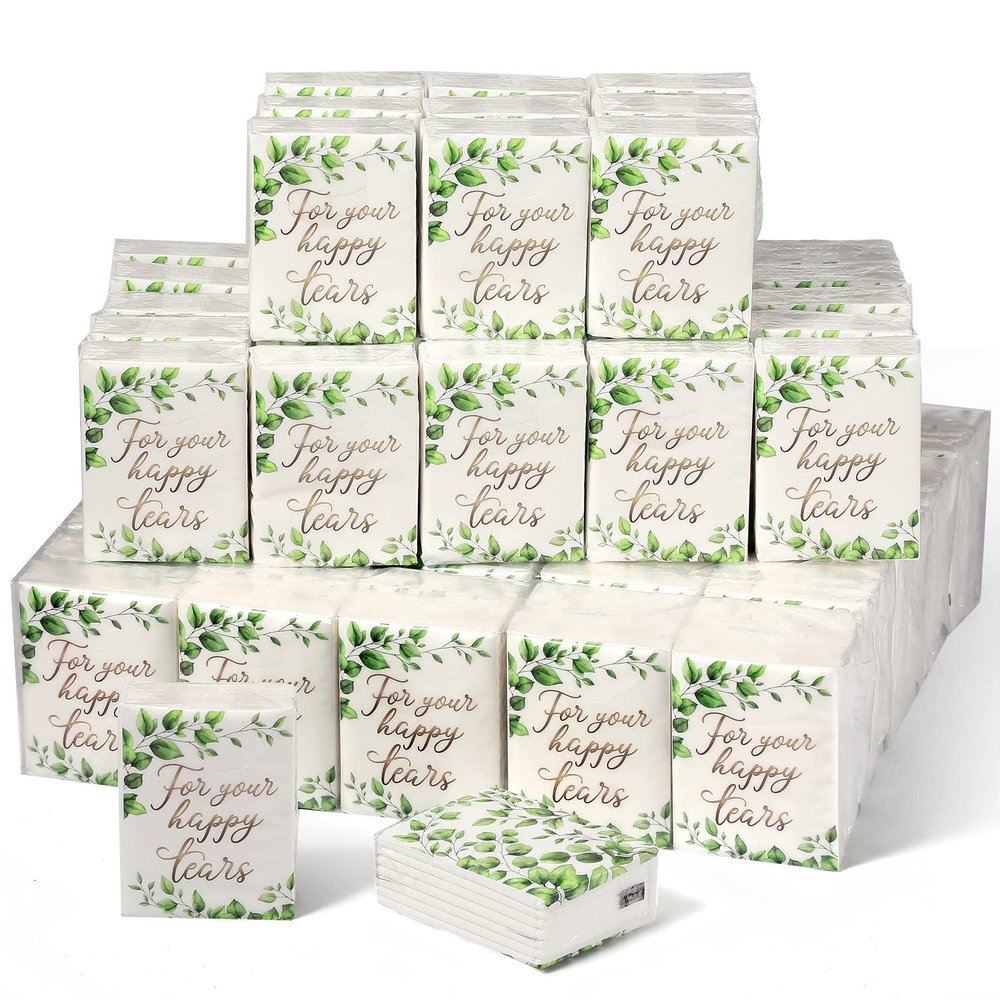 100 Pack Eucalyptus Pocket Tissues Travel Size For Your Happy Tears 4 Ply Greenery Travel Tissue Packs for Wedding Anniversary Party Supplies Decorative Green Leave Hand Towel Bathroom Travel Supplies