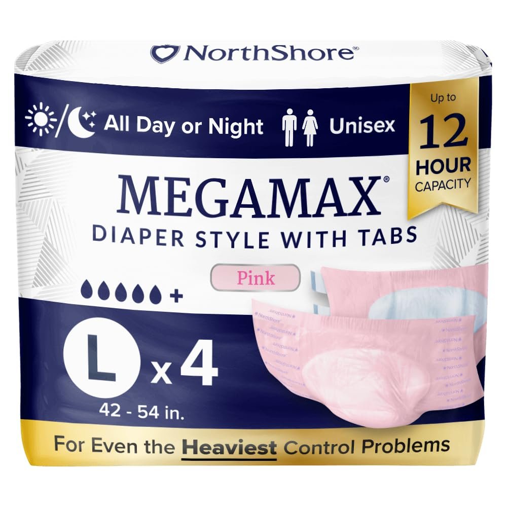 NorthShore MegaMax Adult Overnight Diapers, 12-Hour Tab-Style, Large, 4 Count Starter Pack, Pink, 42-54 inches, Unisex Incontinence Underwear