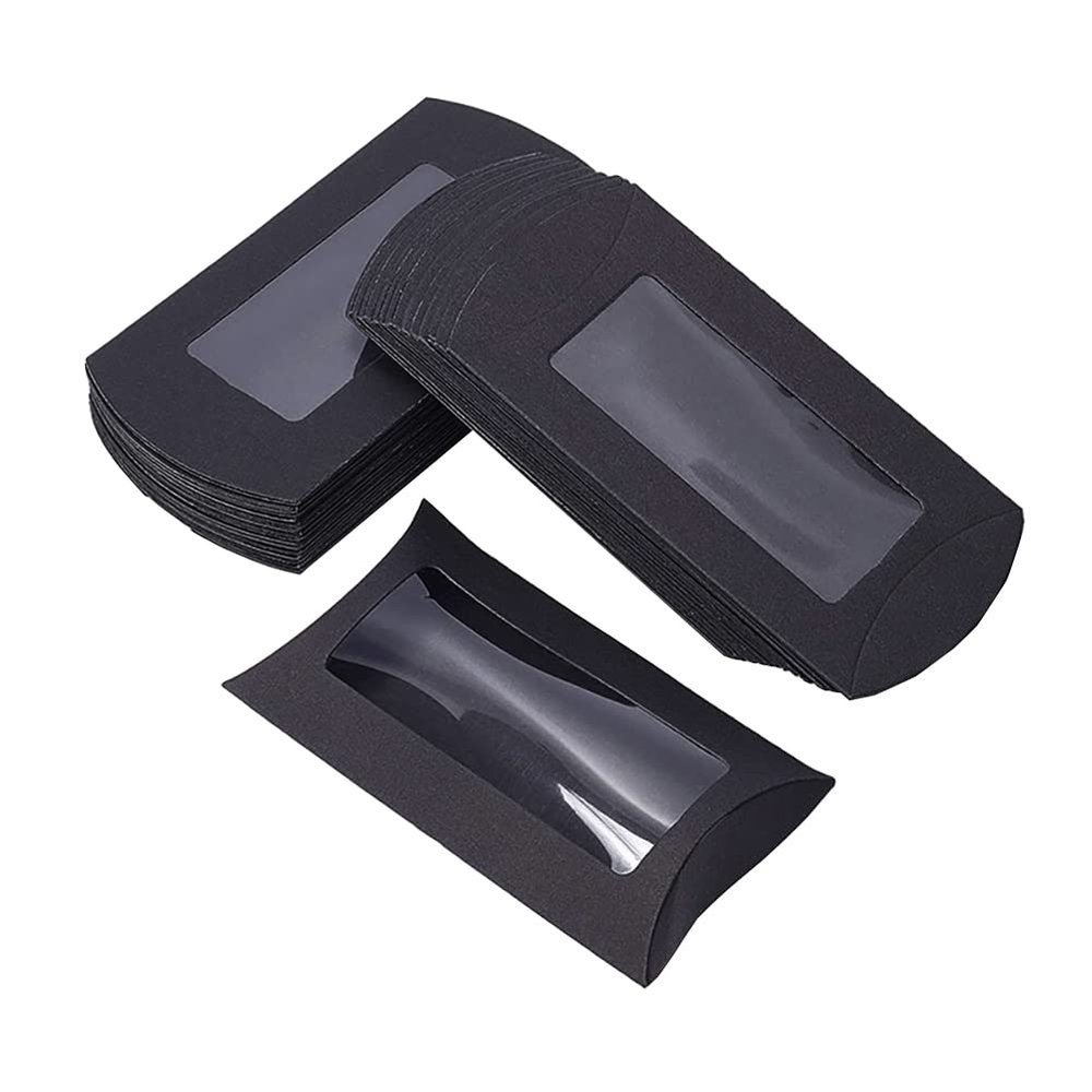 ccHuDE 50 Pcs Kraft Paper Pillow Boxes Small Goodies Treat Box Party Favor Packaging Cases Wedding Candy Gift Case with Clear Window Black