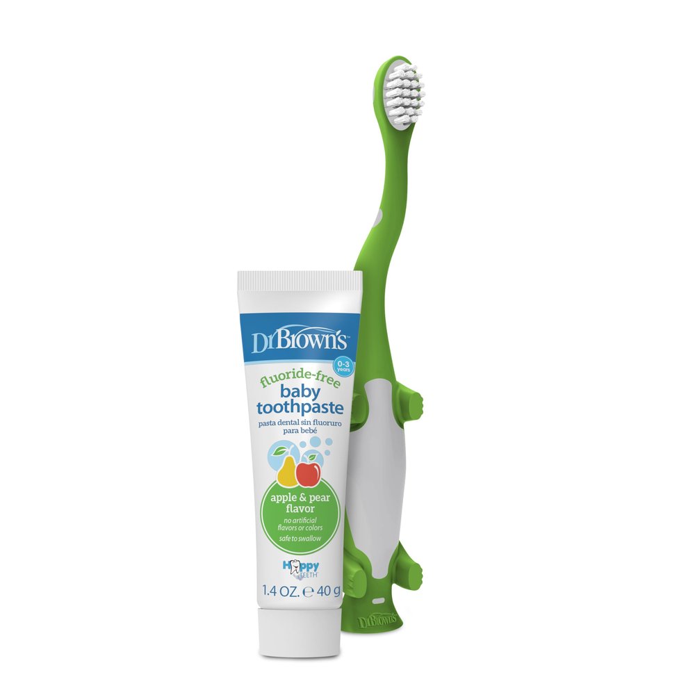 Dr. Brown's Baby and Toddler Toothbrush Set, Green Dinosaur with Apple Pear Flavor Toothpaste