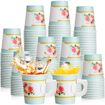 Pinkunn 80 Pcs Paper Tea Cups Disposable Tea Party Decorations 7 oz Floral Paper Teacups with Handle for Hot and Cold Drinks Girl Mom Birthday Baby Shower Bridal Wedding Spring(Blue)