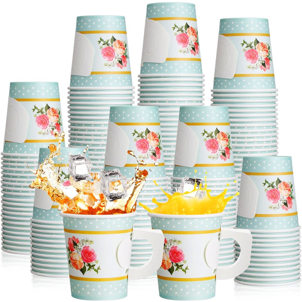 Pinkunn 80 Pcs Paper Tea Cups Disposable Tea Party Decorations 7 oz Floral Paper Teacups with Handle for Hot and Cold Drinks Girl Mom Birthday Baby Shower Bridal Wedding Spring(Blue)