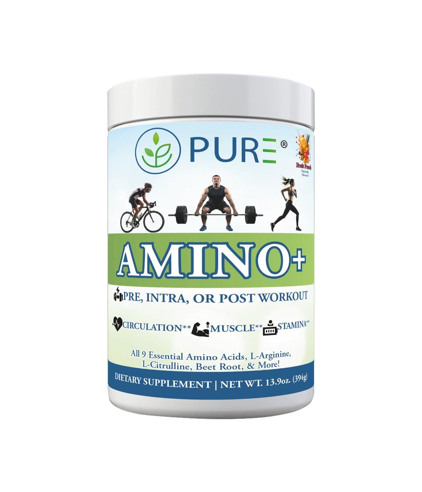 PURE Amino+ Drink Mix, Fruit Splash, 9 Essential Amino Acids, L-Arginine, L-Citrulline, 501g, 30 Servings, Premium Wellness Supplement