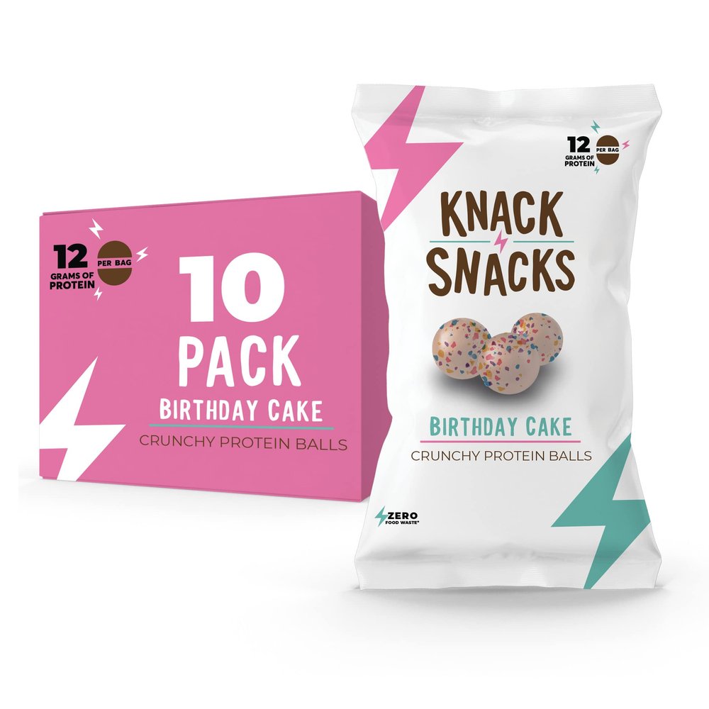 Knack Snacks | Crunchy Protein Balls - Vanilla Birthday Cake Flavor (10x 1.2oz Bags) | Lunchbox Ready, High Protein, Naturally Gluten Free, Lower Sugar, Snack for School, Work, Travel, Parties, Gaming