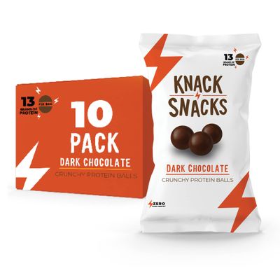 Knack Snacks | Crunchy Protein Balls - Dark Chocolate Flavor (10x 1.2oz Bags) | Lunchbox Ready, High Protein, Naturally Gluten Free, Lower Sugar, Chocolate Snack for School, Work, Travel, Parties