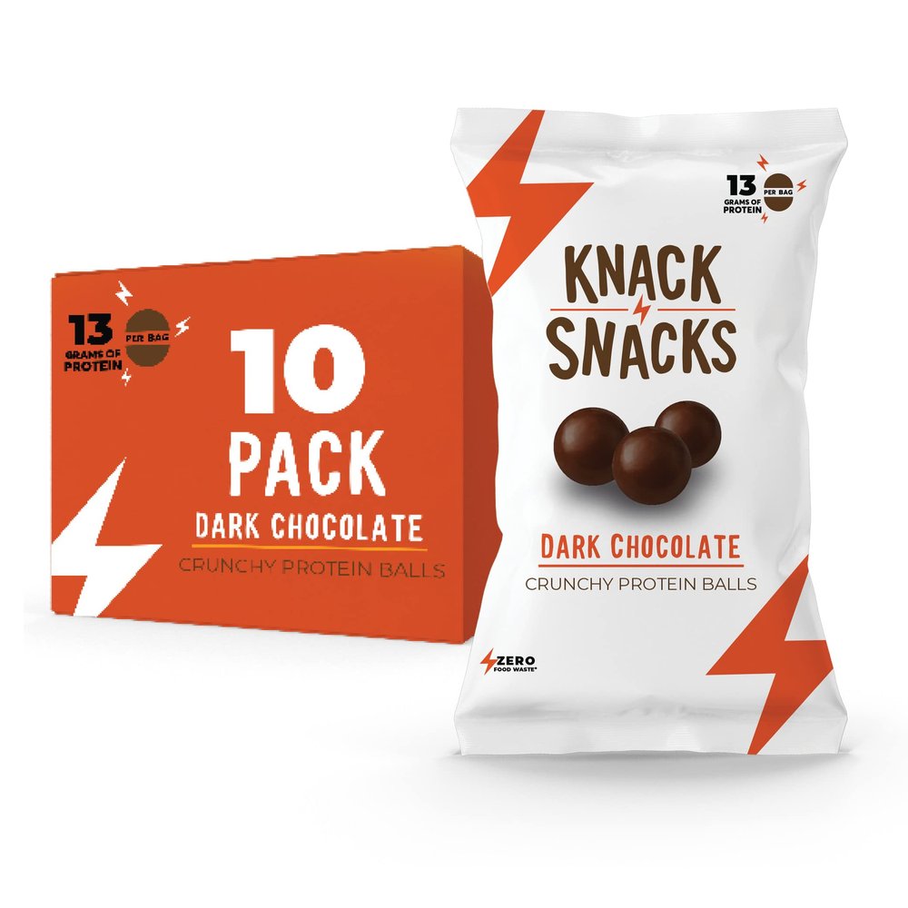 Knack Snacks | Crunchy Protein Balls - Dark Chocolate Flavor (10x 1.2oz Bags) | Lunchbox Ready, High Protein, Naturally Gluten Free, Lower Sugar, Chocolate Snack for School, Work, Travel, Parties