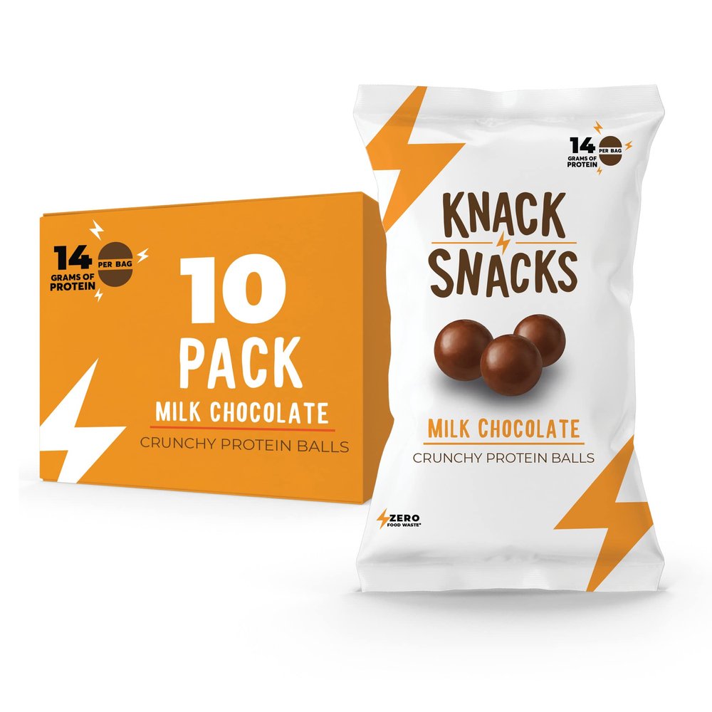 Knack Snacks | Crunchy Protein Balls - Milk Chocolate Flavor (10x 1.2oz Bags) | Lunchbox Ready, High Protein, Naturally Gluten Free, Lower Sugar, Chocolate Snack for School, Work, Travel, Parties