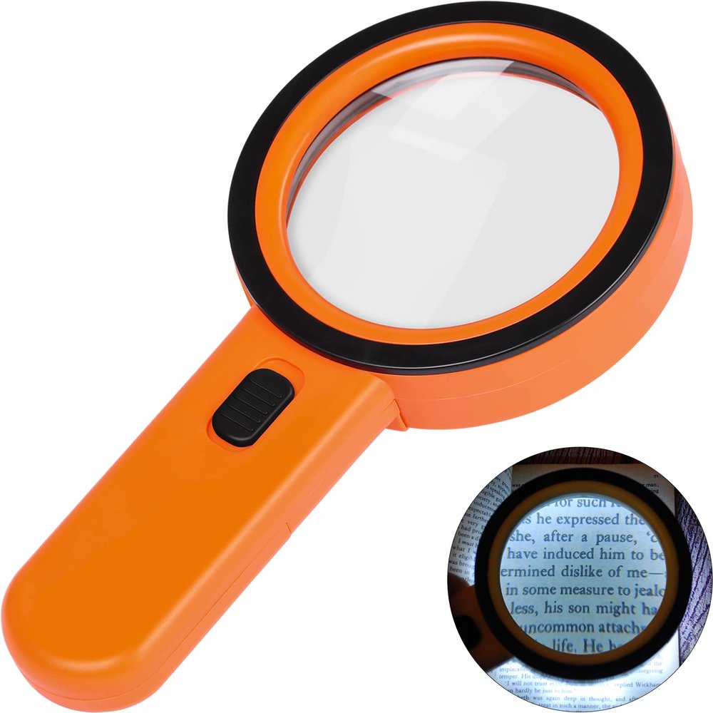 AIXPI Magnifying Glass with Light, Handheld Large Magnifying Glass 12 LED Illuminated Lighted Magnifier for Macular Degeneration Seniors Reading Inspection Coins Jewelry Orange