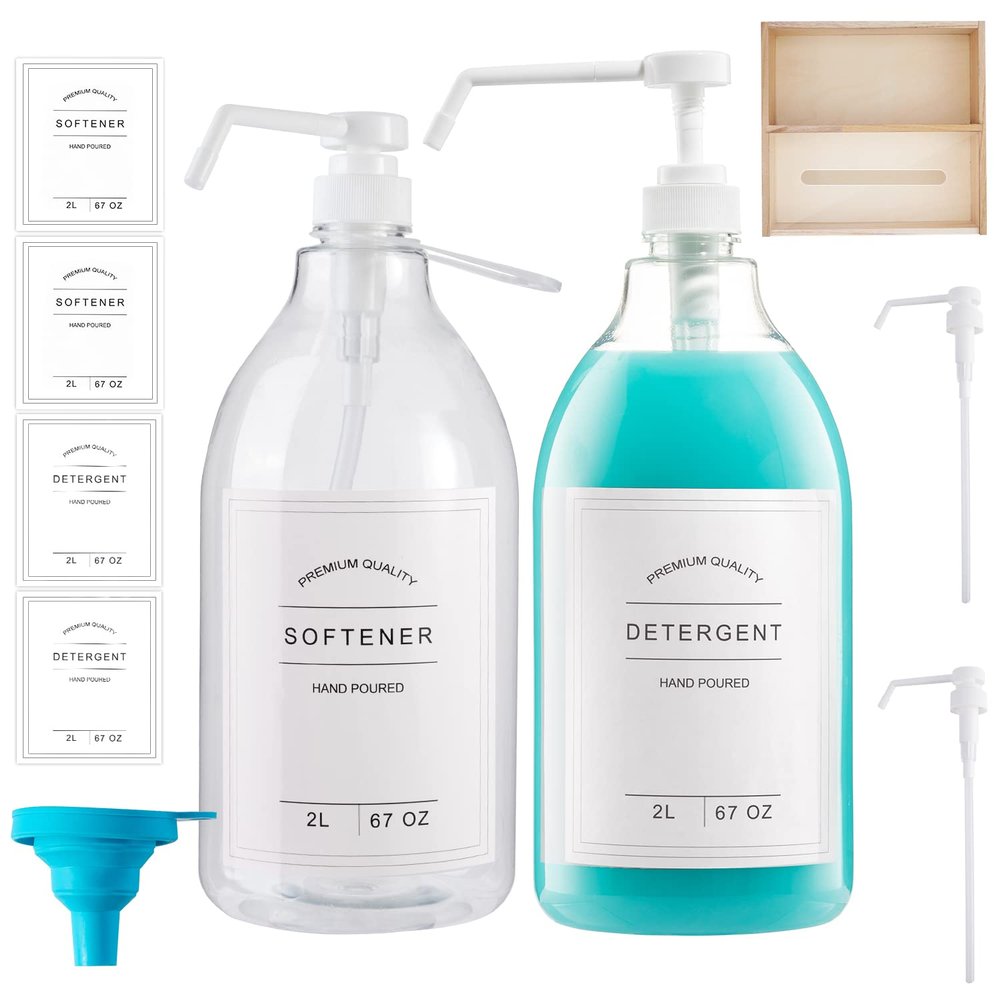 Liquid Laundry Detergent Dispenser for Laundry Room, 70.5oz Laundry Detergent Storage Container, Laundry Dispenser for Liquid Detergent, Includes Pumps, Labels and Wooden Organizer Box,2 Pack