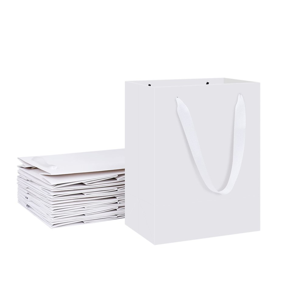 HUAPRINT 12 Pack Medium White Gift Bags,8x5x10 inch Paper Bags with Handles Bulk For Party Favors,Presents,Birthday, Weddings,Baby Showers,Business,Shopping