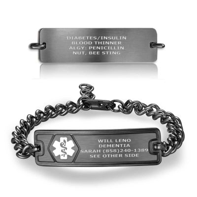 Divoti Custom Engraved Medical ID Alert Bracelet, 4-Line Personalized Conditions | 5.5-9" Stainless Steel Rope Chain with Secure Lobster Claw/BL-WH/Large:8.0-9.0"