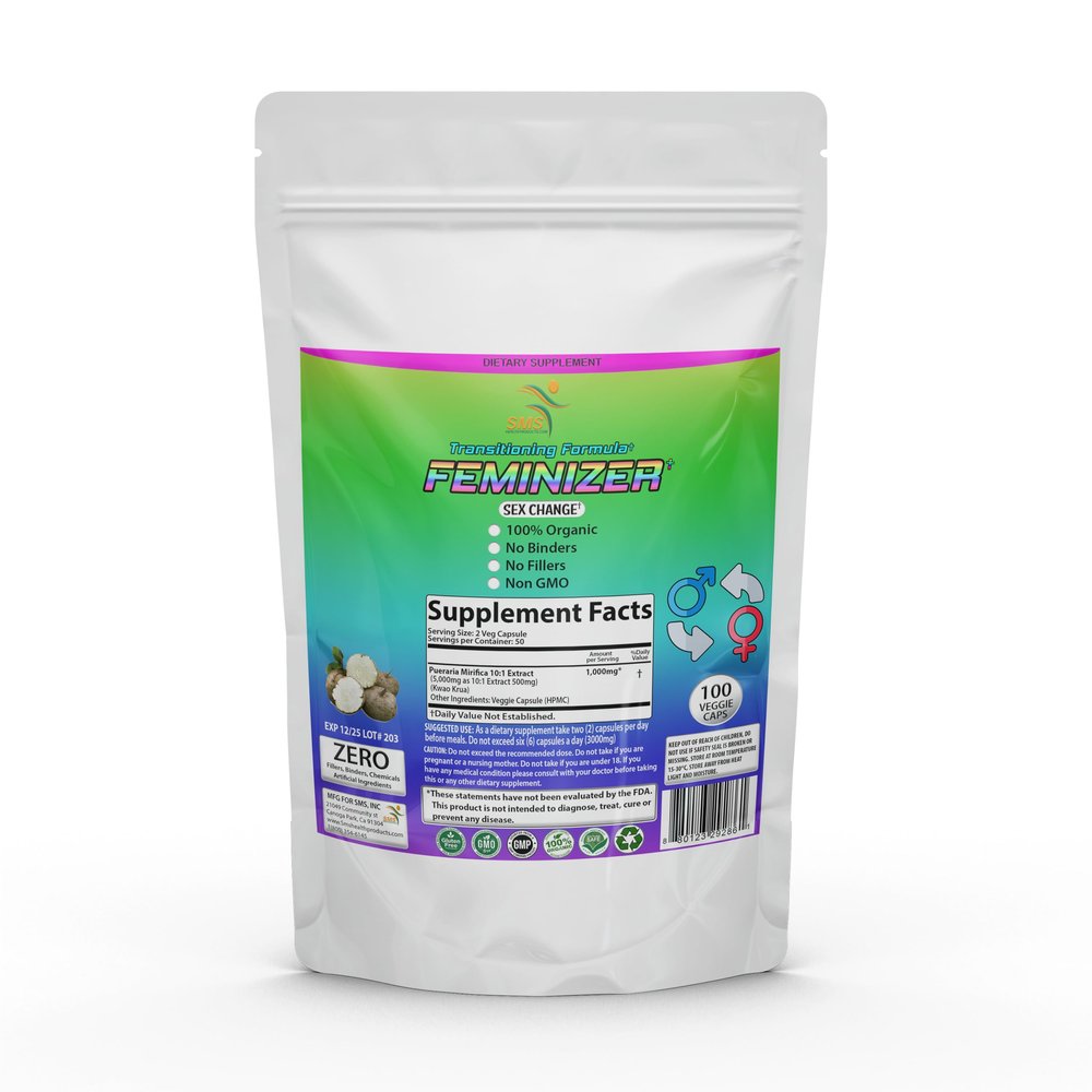 Feminizer Sex Change Pills by SMS, 100 Veggie Caps Pueraria Mirifica For Estrogen 1,000mg Pure 10:1 Root Extract Powder - Kwao Krua Kao - Premium Grade, Organic for Women, Transgender, Ladyboy, LGBT
