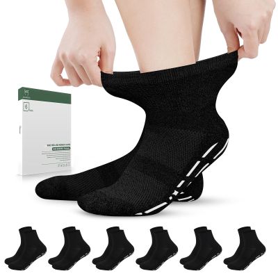 Bulinlulu Diabetic Socks with Grippers for Men Women -6 Pairs Non Binding Diabetic Ankle Slipper Socks Size 6-9 9-12(Black-Large)