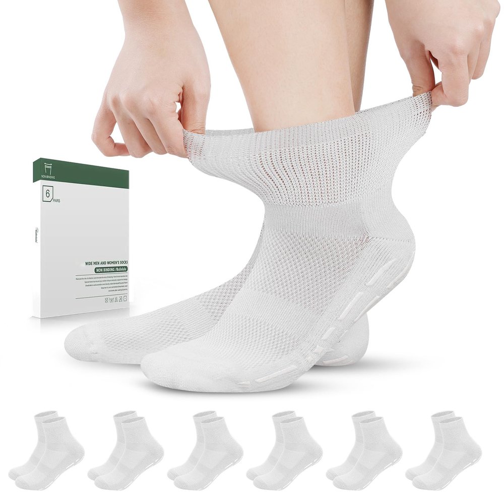 Bulinlulu Diabetic Socks with Grippers for Men Women -6 Pairs Non Binding Diabetic Ankle Slipper Socks Size 6-9 9-12(White-Large)