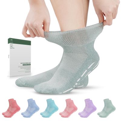 Bulinlulu Diabetic Socks with Grippers for Men Women -6 Pairs Non Binding Diabetic Ankle Slipper Socks Size 6-9 9-12(Pure-Medium)