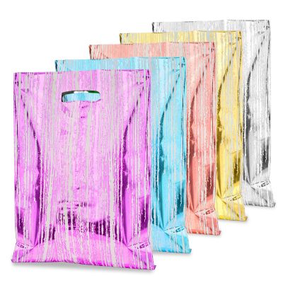 HAPMARS 50 Pcs Birthday Party Favor Bags, Stripe Goodie Candy Bags with Handles for Kids Baby Girls & Boys, Party Treat Plastic Loot Gift Bag Bulk for Baby Showers Weeding