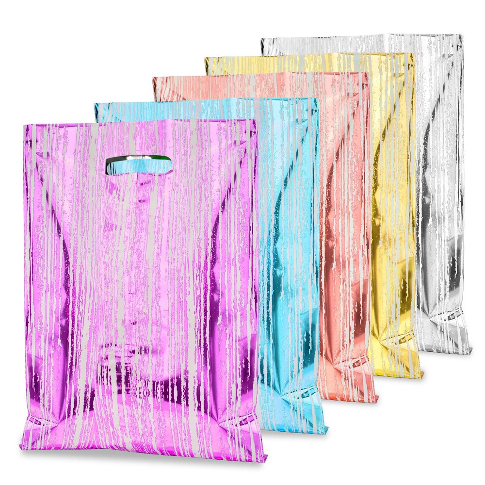 HAPMARS 50 Pcs Birthday Party Favor Bags, Stripe Goodie Candy Bags with Handles for Kids Baby Girls & Boys, Party Treat Plastic Loot Gift Bag Bulk for Baby Showers Weeding