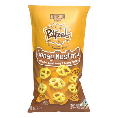 Unique Snacks Puffzels, Sweet Honey and Savory Mustard Flavor with a Fun Pretzel Crunch, Gluten-Free Snacks, 4.8 Oz. Snack Bag, Pack of 6, Honey Mustard