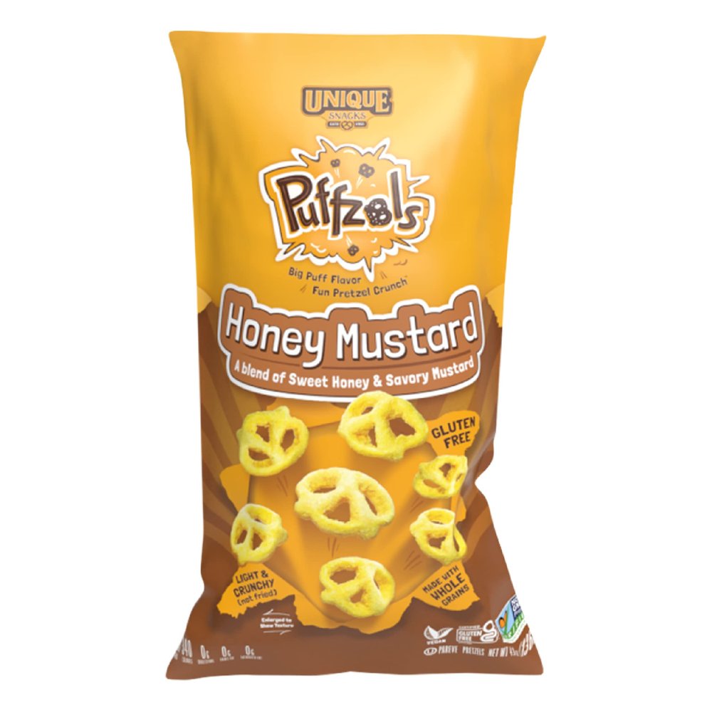 Unique Snacks Puffzels, Sweet Honey and Savory Mustard Flavor with a Fun Pretzel Crunch, Gluten-Free Snacks, 4.8 Oz. Snack Bag, Pack of 6, Honey Mustard