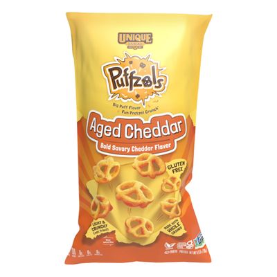 Unique Snacks Puffzels, Bold and Savory Cheddar Cheese Flavor with a Fun Pretzel Crunch, Gluten-Free Snacks, 4.8 Oz. Snack Bag, Pack of 6, Aged Cheddar
