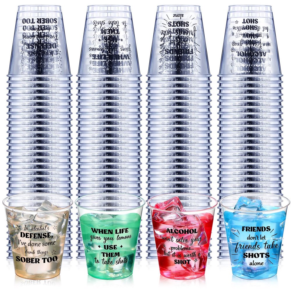 Amyhill 100 Pcs Clear Plastic Shot Glasses 2 oz Mini Disposable Cups Funny Shot Glasses for Adult Friends Party Birthday Party Drinking Serving