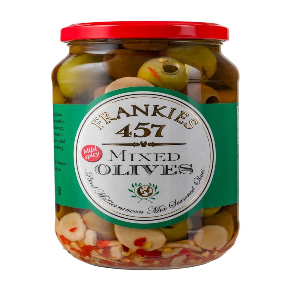 Frankies 457 Pitted Mediterranean Mix Olives - Authentic Sicilian - - Premium Handpicked - Snacking-Aperitif-Entertaining-Heart-Healthy-Product Of Italy - - Great For Every Occasion - 19 oz Jar