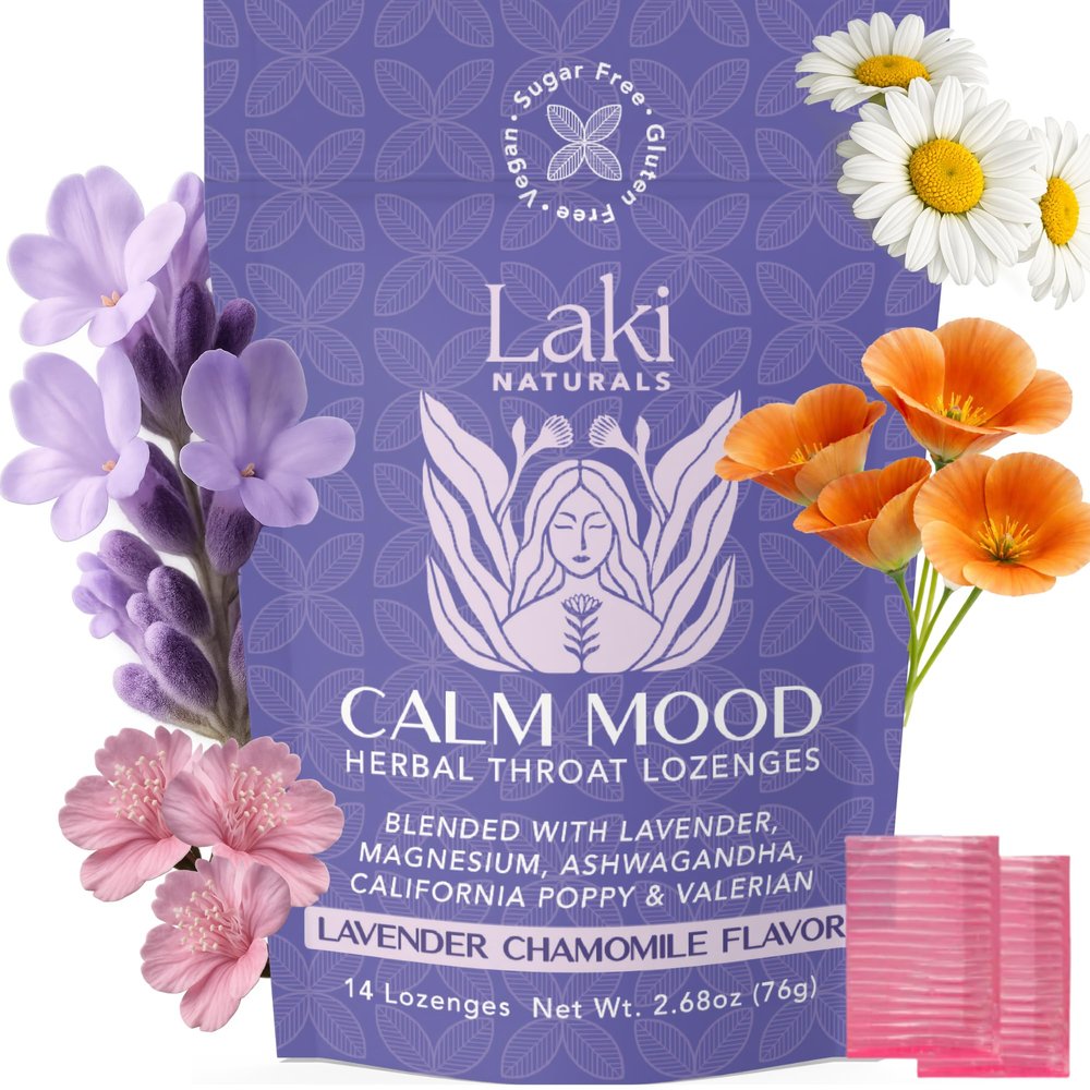 Laki Naturals Lavender Chamomile Calm Mood Functional Herbal Lozenges (2 Pack) Throat & Mood Calming Hard Candies with Magnesium, Ashwagandha, California Poppy & Valerian