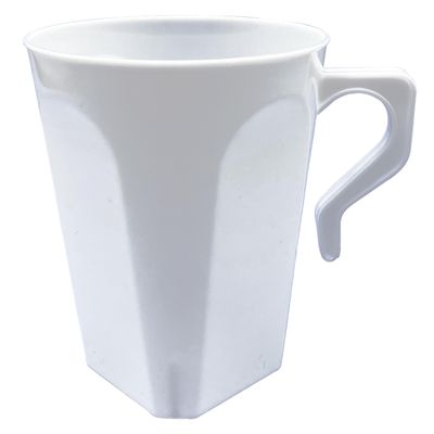 PARTY BARGAINS 8oz Square White Plastic Coffee Cups with Handles - [8 Pack] Disposable Plastic White Tea Cups, Excellent for Weddings, Bridal Showers, Engagement Parties, Camping