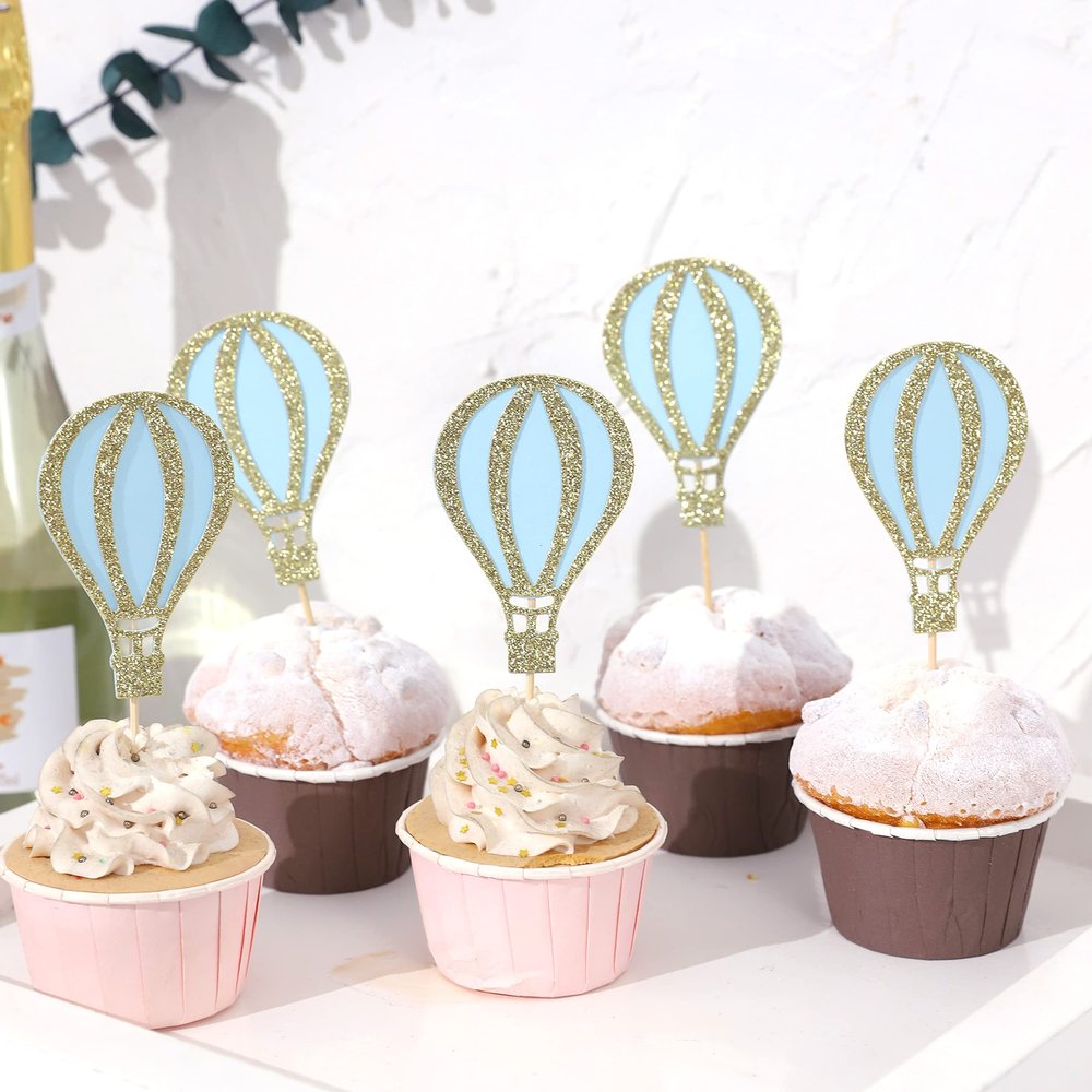 12PCS Hot Air Balloon Cupcake Topper - Glitter Cupcake Toppers, Baby Shower Decorations, Birthday Party Supplies, Retirement/Travel/Graduation Theme Party Decor (Hot Air Balloon Toppers Blue)