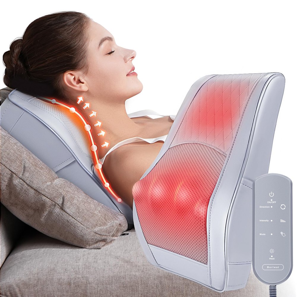 Boriwat Neck and Shoulder Massager with Heat, Shiatsu Massage Pillow with 3D Deep Tissue Kneading for Back Legs Foot Body Pain Relief,at Home Office Car, Gift for Mom & Dad