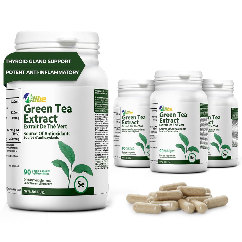 Allbe 220mg Green Tea Extract Capsules, 120mg Resveratrol & 90mg Grape Seed Extract with Viatmin E and Selenium, 4 Packs of 90 Antioxidant Support Capsules, Serving Size: 1 Capsule, 360 Days Supply