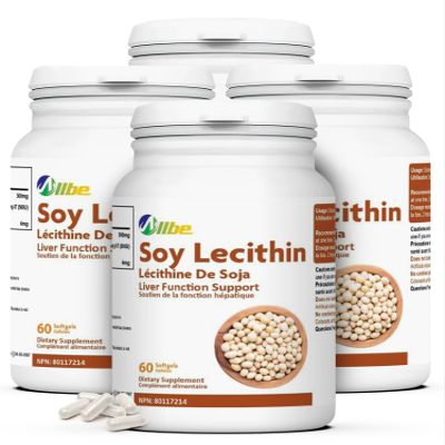 Allbe Soy Lecithin Softgels, 500mg Lecithin with 4mg Beta-Carotene and 50IU Vitamin E Supplement, 4 Packs of 60 Antioxidant & Liver Function Support Capsules, Serving Size: 1 Softgel, 120 Days Supply