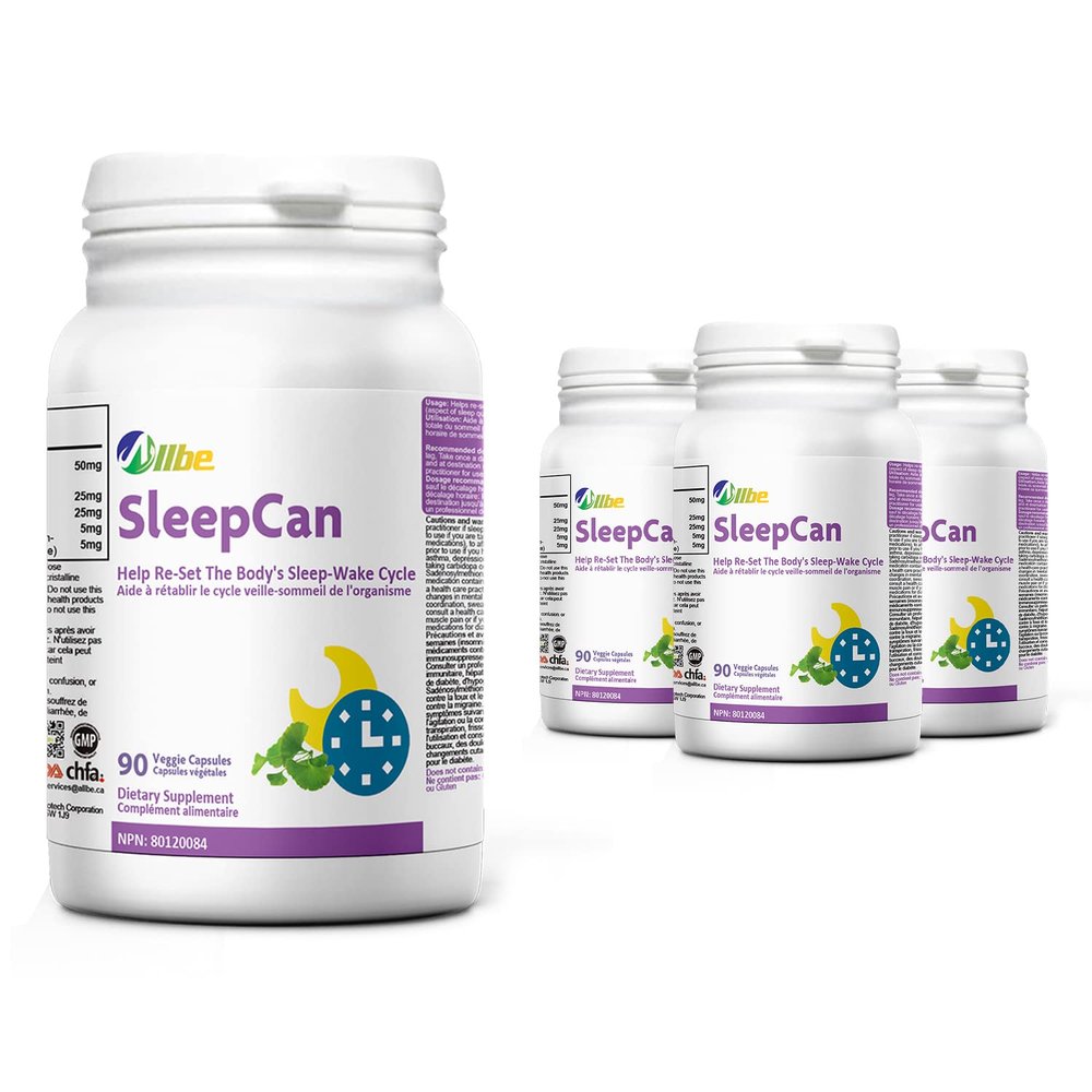Allbe SleepCan Capsules, 5mg Melatonin with Phosphatidylserine and L-Theanine, 4 Packs of 90 Sleep-Wake Cycle Support Supplements, Serving Size: 1 Capsule Once Daily