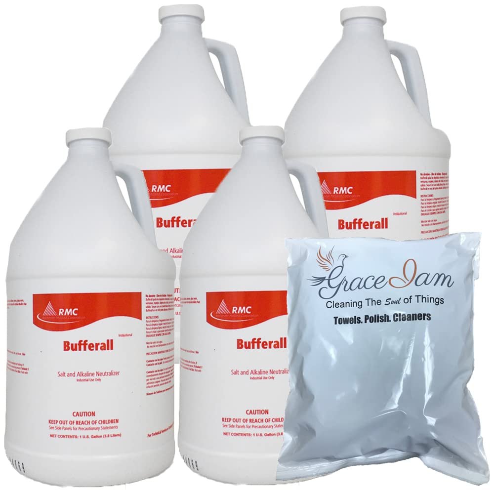 Grace I am Bufferall Salt Alkaline Neutralizer Removes Soils Films from Winter Conditions clean ice melters rock salt residue RMC 4x1 Gal with 6pk cleaning Cloth